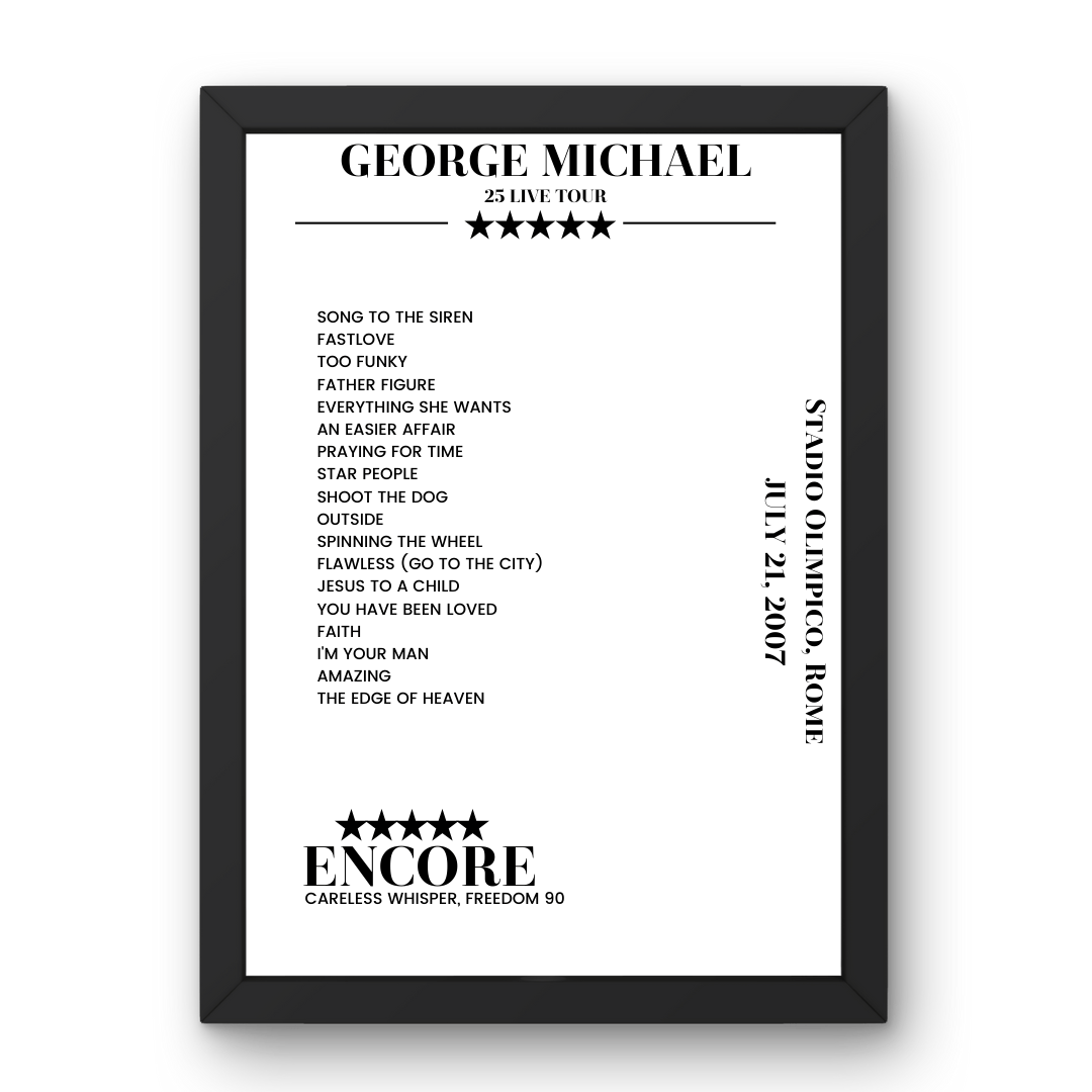 George Michael July 21, 2007 Stadio Olimpico Rome Setlist Poster - Setlist