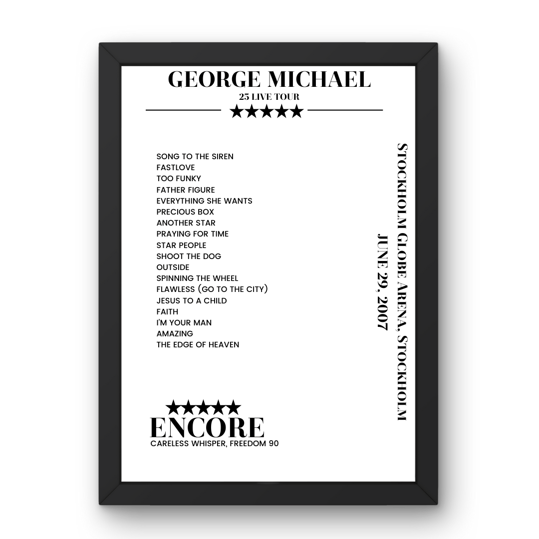 George Michael June 29, 2007 Stockholm Globe Arena Stockholm Setlist Poster - Setlist