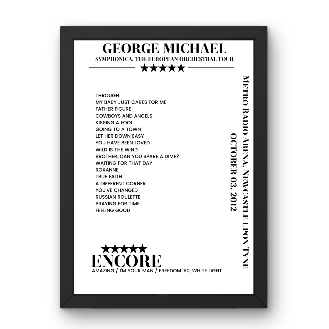 George Michael October 03, 2012 Metro Radio Arena Newcastle upon Tyne Setlist Poster - Setlist