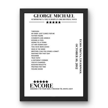 George Michael October 10, 2012 Echo Arena Liverpool Setlist Poster - Setlist