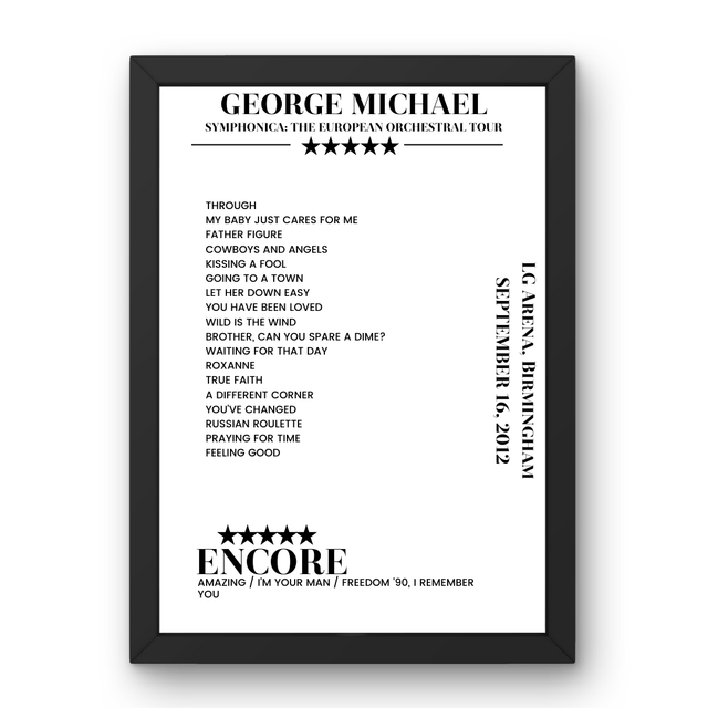 George Michael September 16, 2012 LG Arena Birmingham Setlist Poster - Setlist