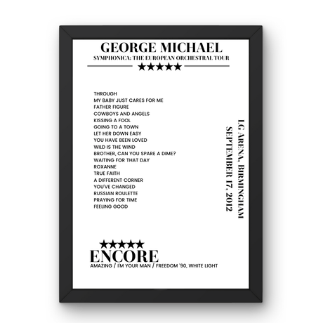 George Michael September 17, 2012 LG Arena Birmingham Setlist Poster - Setlist