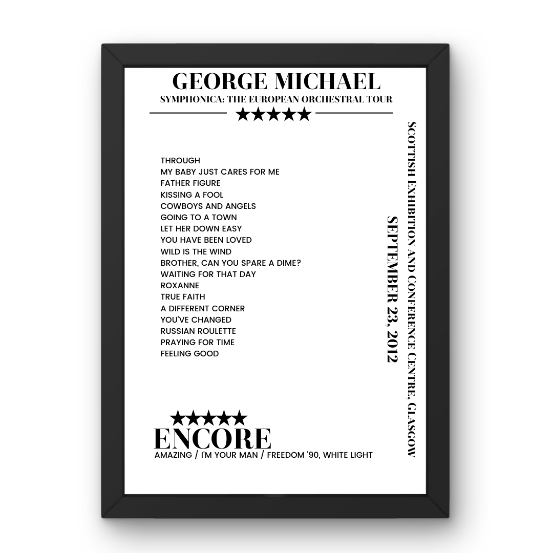 George Michael September 23, 2012 Scottish Exhibition and Conference Centre Glasgow Setlist Poster - Setlist