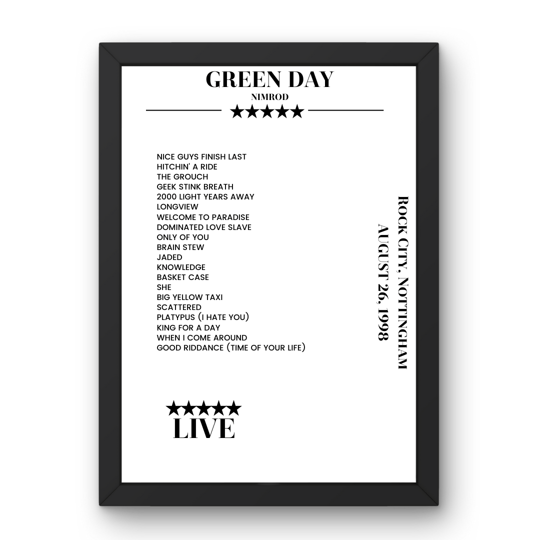 Green Day August 26, 1998 Rock City Nottingham Setlist Poster - Setlist