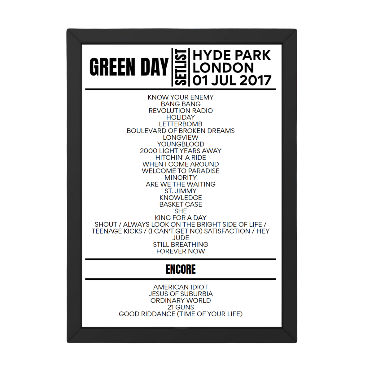 Green Day B.S.T Hyde Park, London July 1 2017 Setlist Poster - Setlist