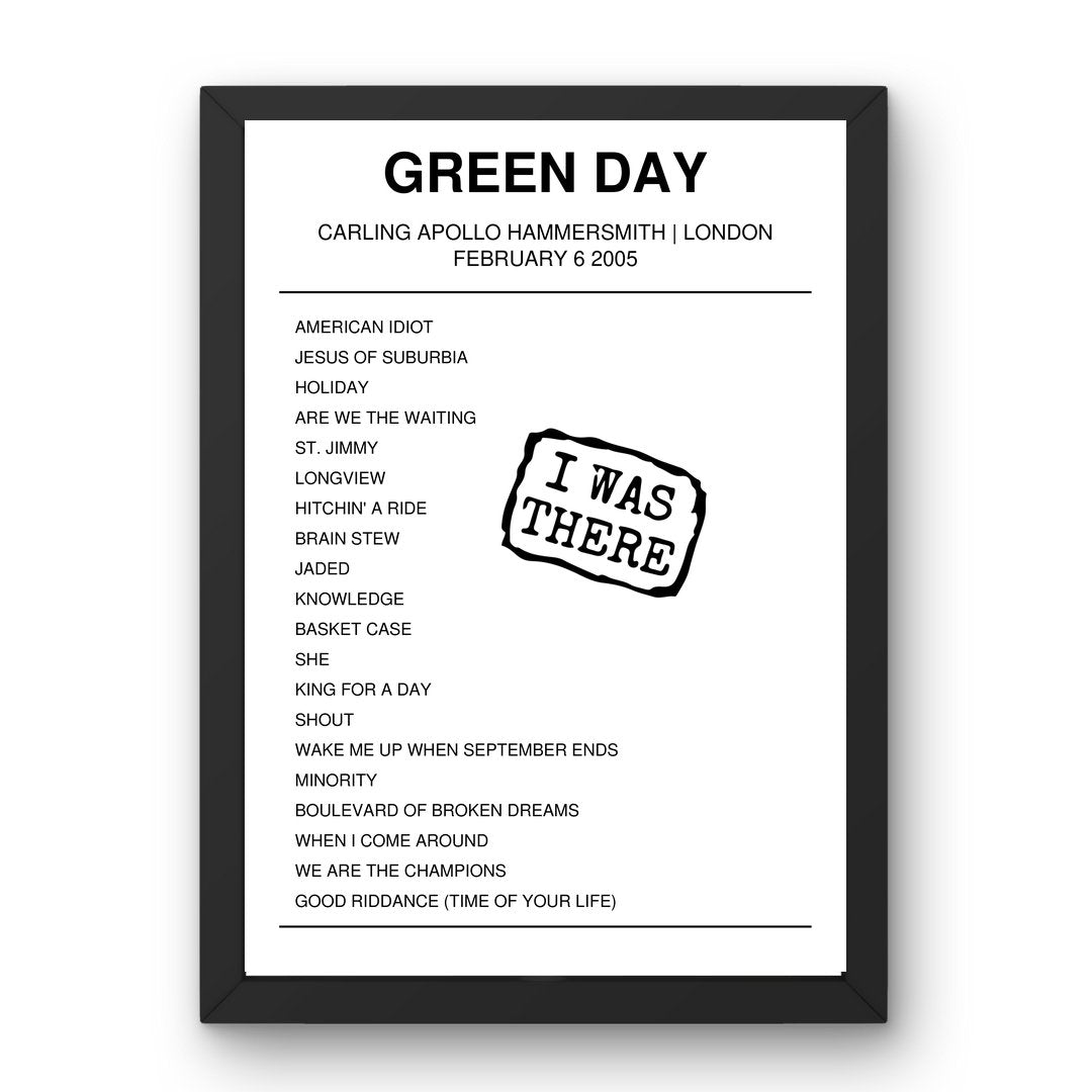 Green Day February 06, 2005 Carling Apollo Hammersmith London Setlist Poster - Setlist