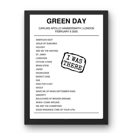 Green Day February 06, 2005 Carling Apollo Hammersmith London Setlist Poster - Setlist