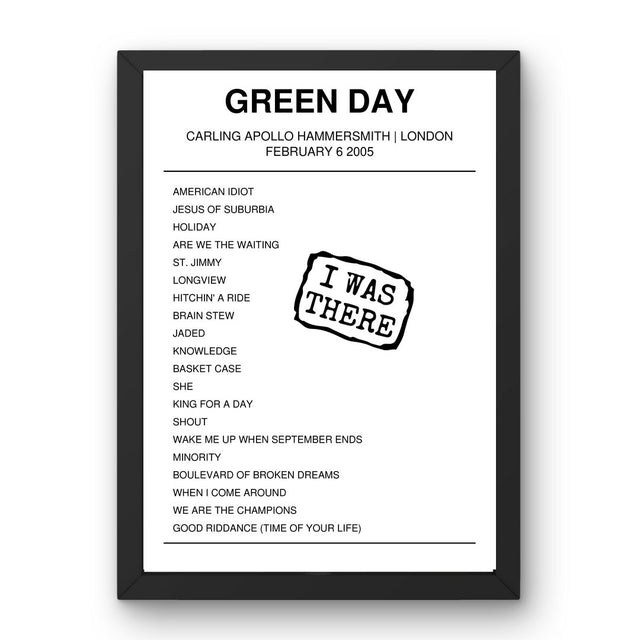 Green Day February 06, 2005 Carling Apollo Hammersmith London Setlist Poster - Setlist