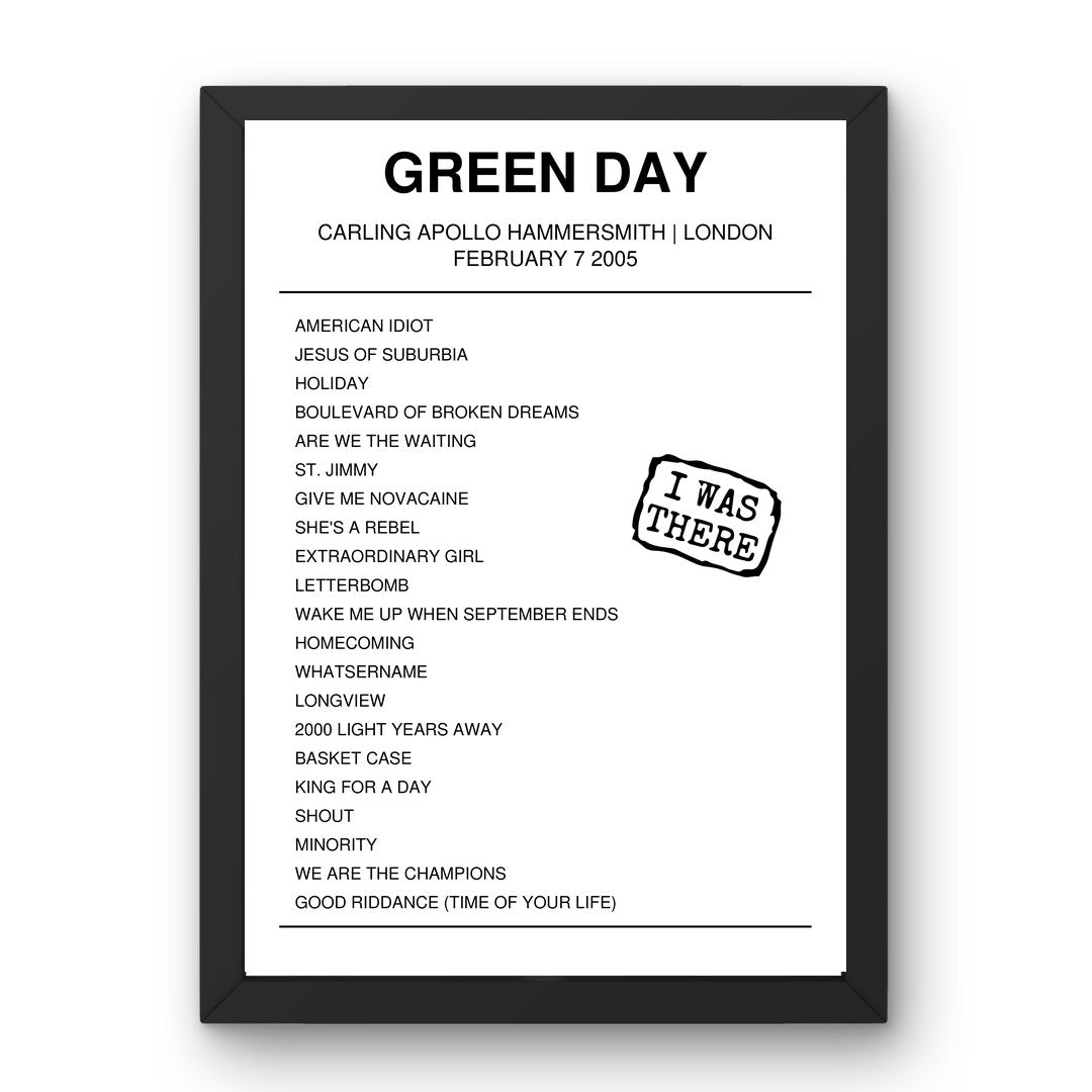 Green Day February 07, 2005 Carling Apollo Hammersmith London Setlist Poster - Setlist