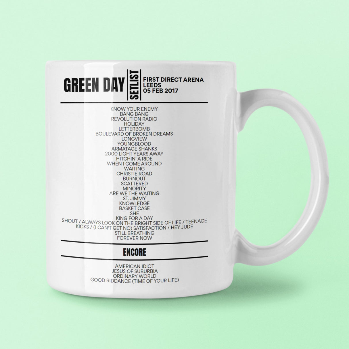 Green Day First Direct Arena Leeds February 5, 2017 Setlist Mug - Setlist