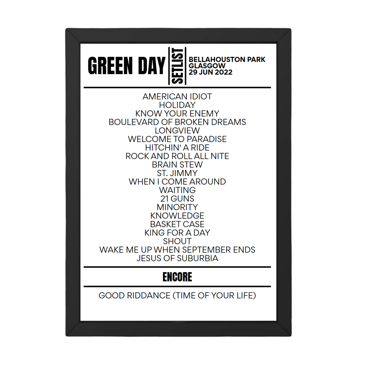 Green Day Glasgow June 29 2022 Setlist Poster - Setlist