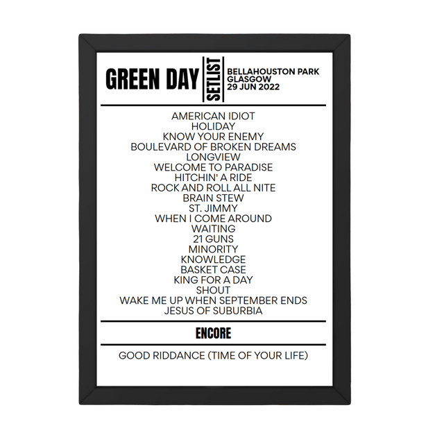 Green Day Glasgow June 29 2022 Setlist Poster - Setlist