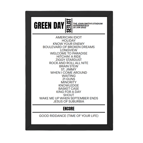 Green Day Huddersfield June 25 2022 Setlist Poster - Setlist