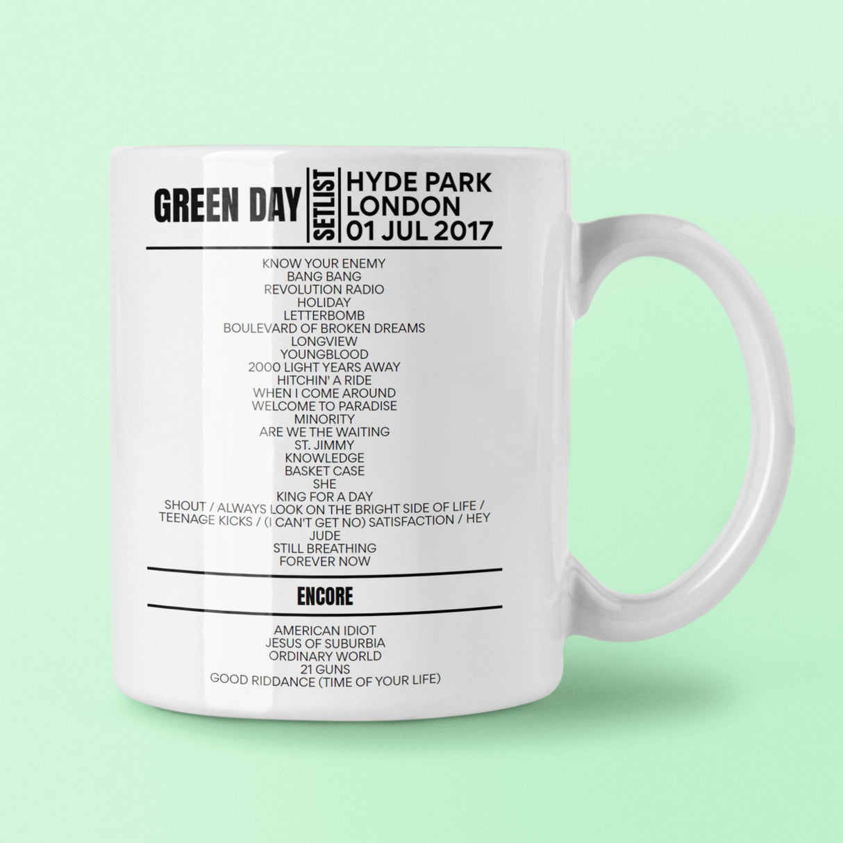 Green Day Hyde Park London July 1, 2017 Setlist Mug - Setlist