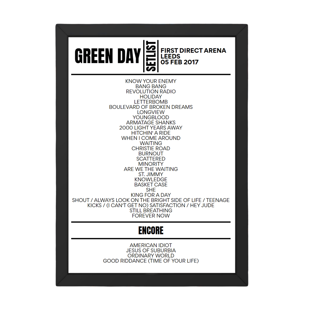 Green Day Leeds February 5 2017 Setlist Poster - Setlist