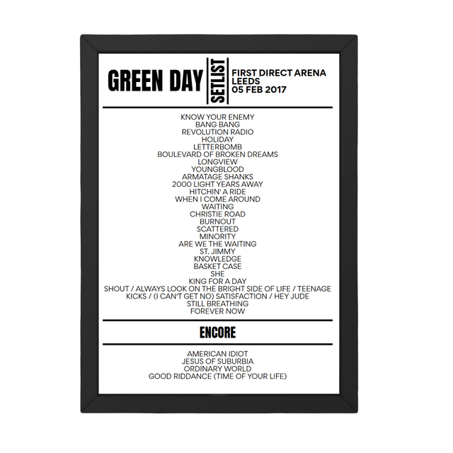 Green Day Leeds February 5 2017 Setlist Poster - Setlist