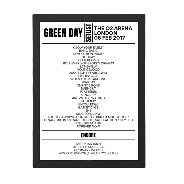 Green Day London February 8 2017 Setlist Poster - Setlist