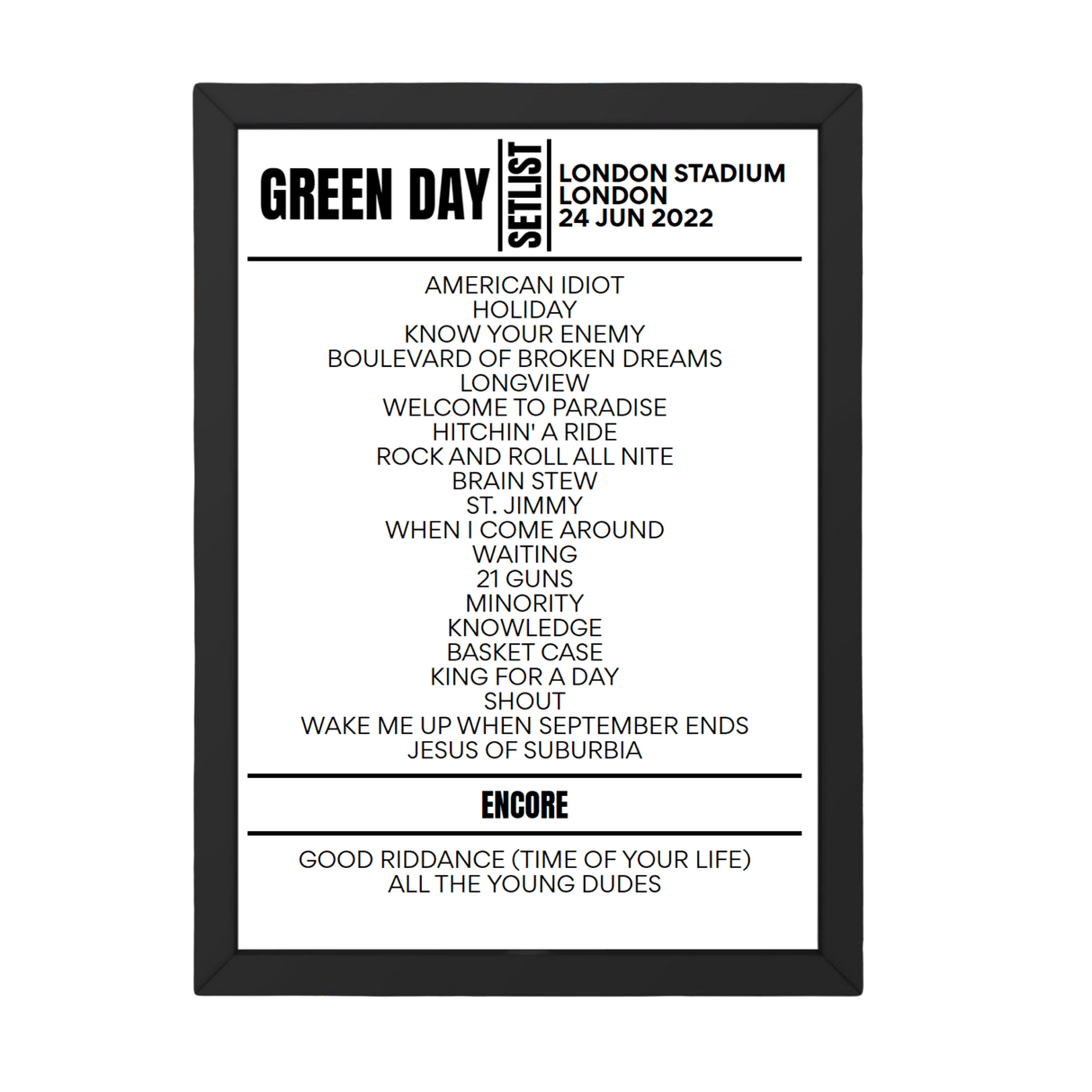 Green Day London June 24 2022 Setlist Poster - Setlist