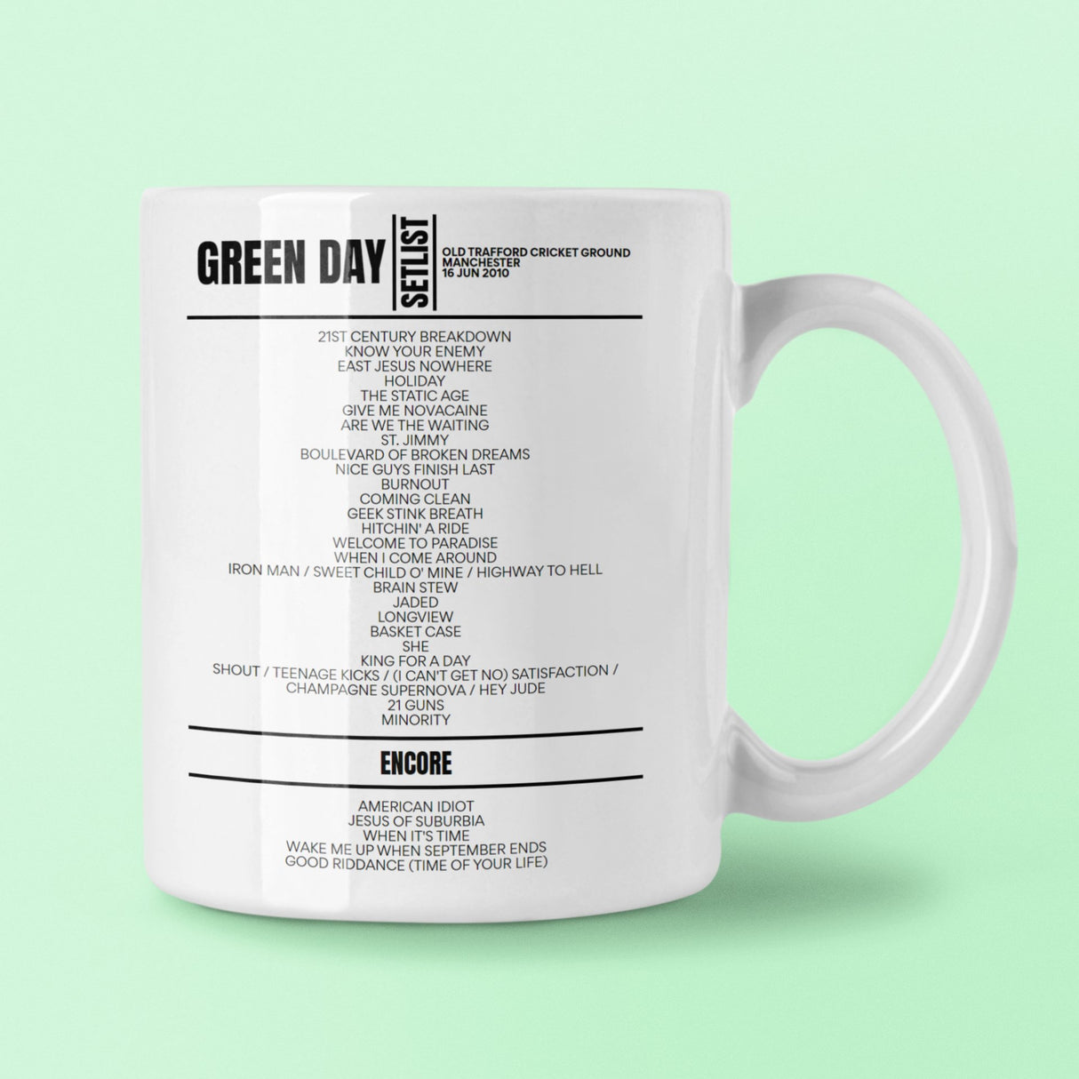 Green Day Old Trafford Cricket Ground Manchester June 16, 2010 Setlist Mug - Setlist