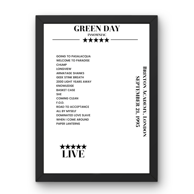 Green Day September 21, 1995 Brixton Academy London Setlist Poster - Setlist