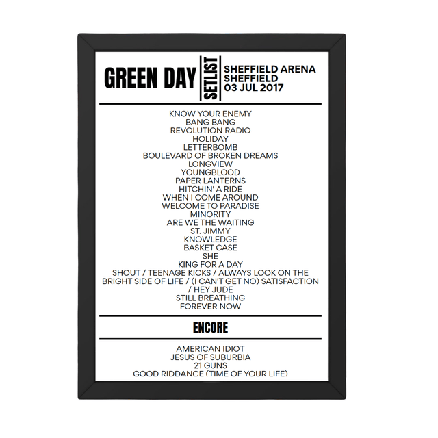 Green Day Sheffield July 3 2017 Setlist Poster - Setlist