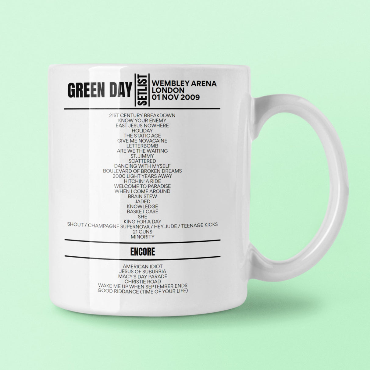 Green Day Wembley Arena London November 1, 2009 Setlist Mug - Setlist