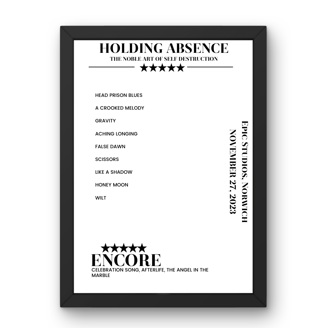 Holding Absence November 27, 2023 Epic Studios Norwich Setlist Poster - Setlist