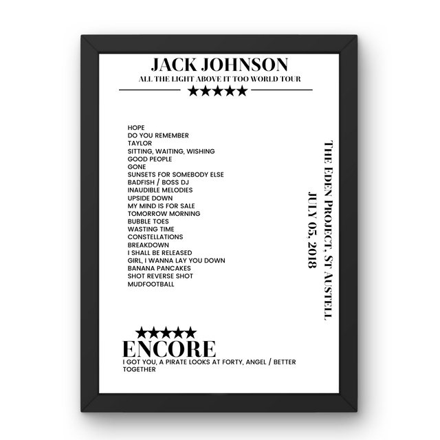 Jack Johnson July 05, 2018 The Eden Project St Austell Setlist Poster - Setlist