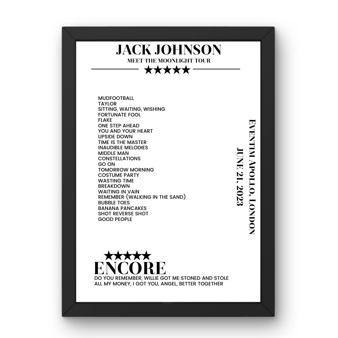 Jack Johnson June 21, 2023 Eventim Apollo London Setlist Poster - Setlist