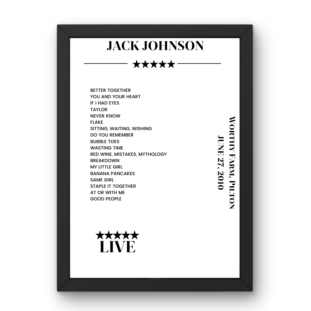 Jack Johnson June 27, 2010 Worthy Farm Pilton Setlist Poster - Setlist