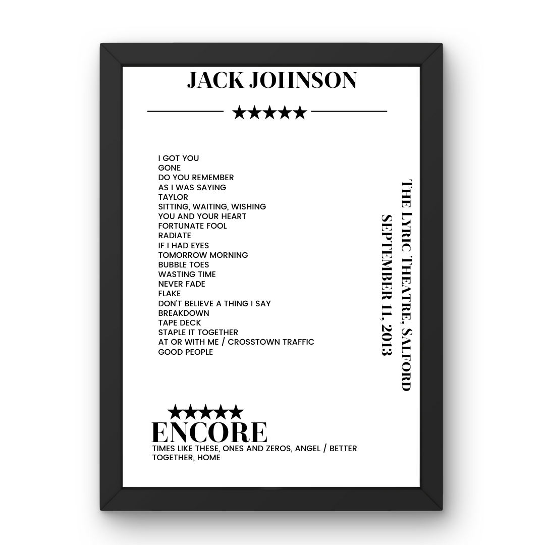 Jack Johnson September 11, 2013 The Lyric Theatre Salford Setlist Poster - Setlist