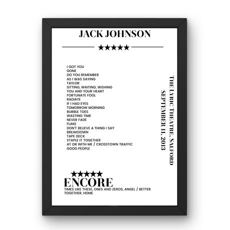 Jack Johnson September 11, 2013 The Lyric Theatre Salford Setlist Poster - Setlist