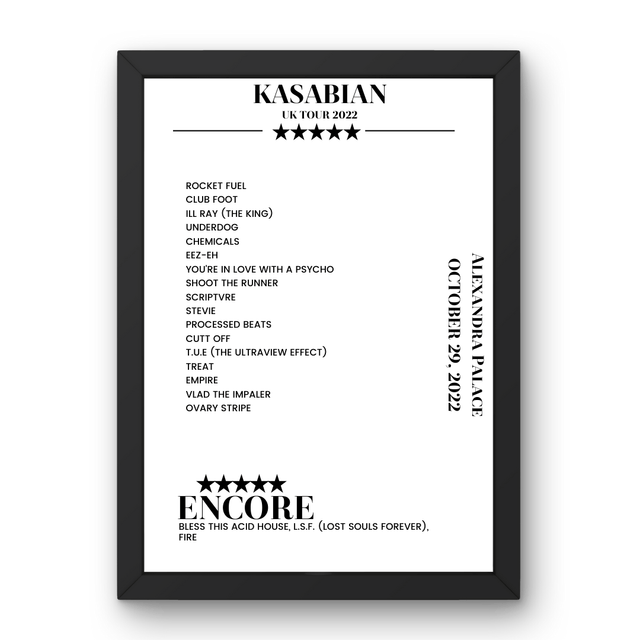 Kasabian Alexandra Palace London 29 October 2022 Setlist Poster - Setlist