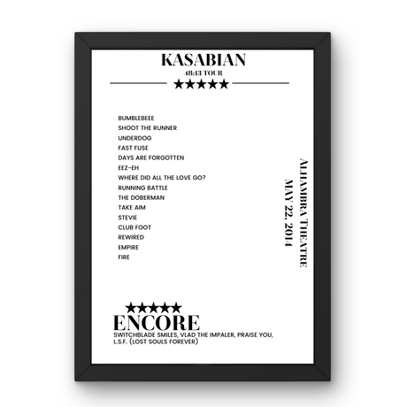 Kasabian Alhambra Theatre Dunfermline 22 May 2014 Setlist Poster - Setlist