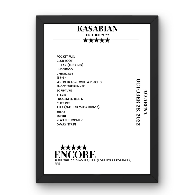 Kasabian AO Arena Manchester 28 October 2022 Setlist Poster - Setlist