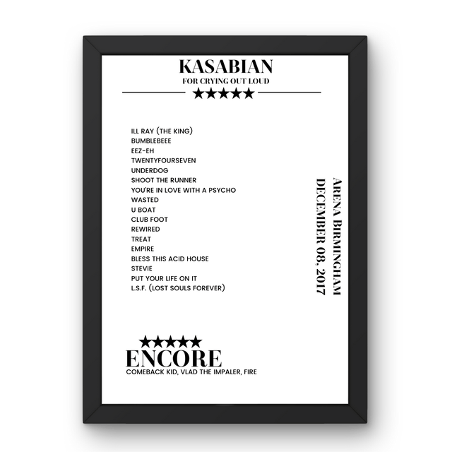 Kasabian Arena Birmingham Birmingham 08 December 2017 Setlist Poster - Setlist