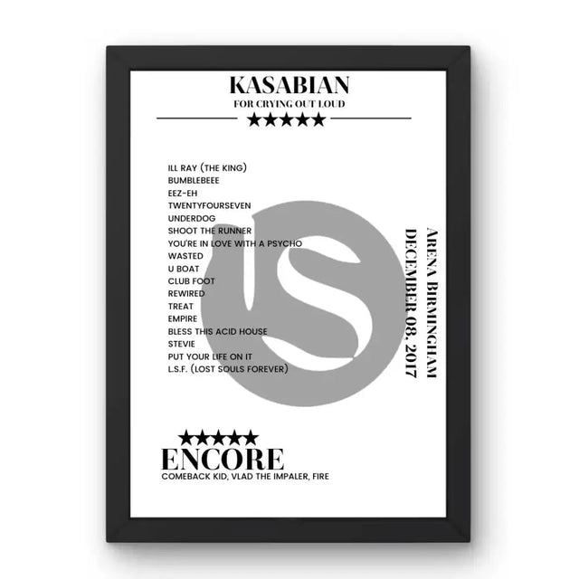 Kasabian Arena Birmingham Birmingham 08 December 2017 Setlist Poster - Setlist