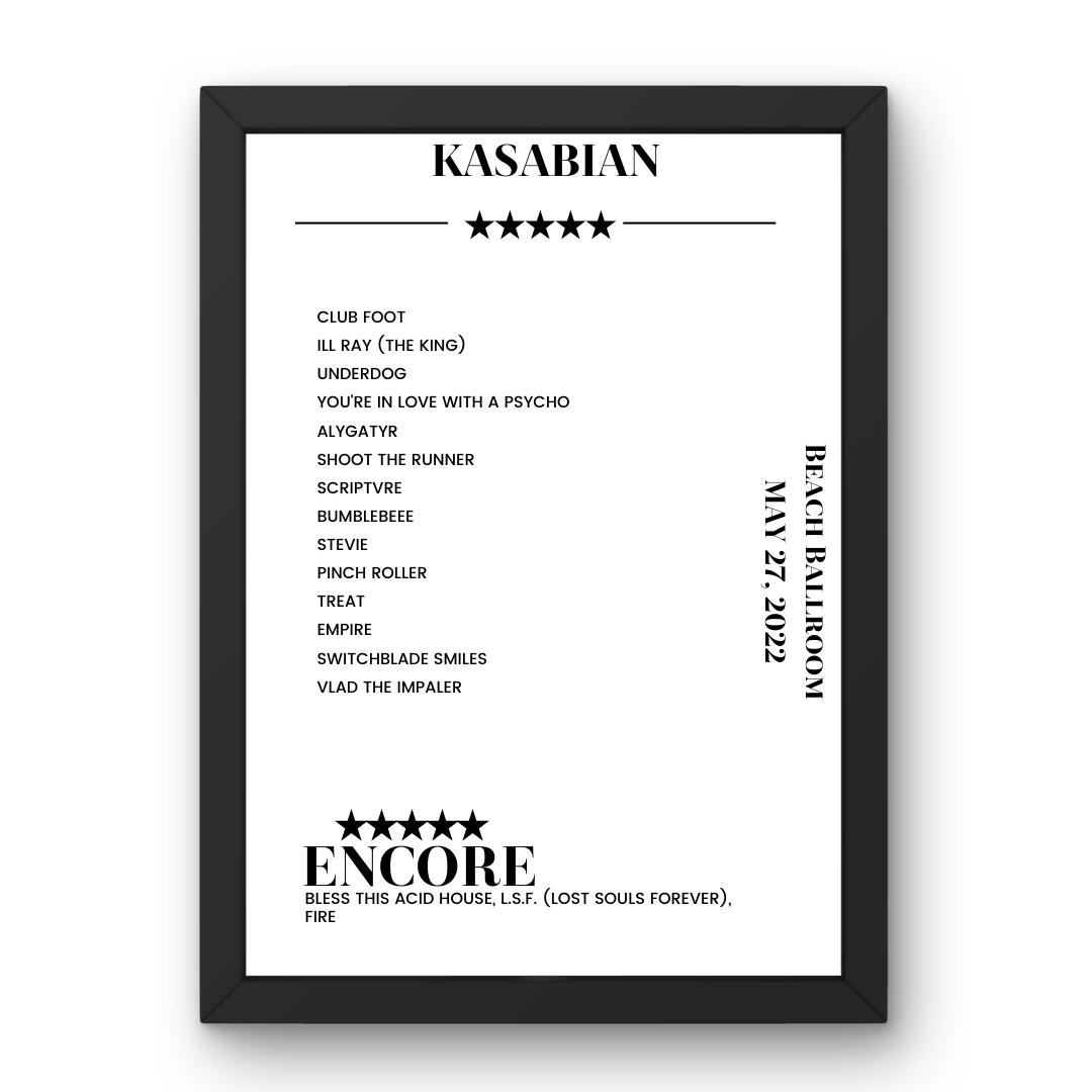 Kasabian Beach Ballroom Aberdeen 27 May 2022 Setlist Poster - Setlist