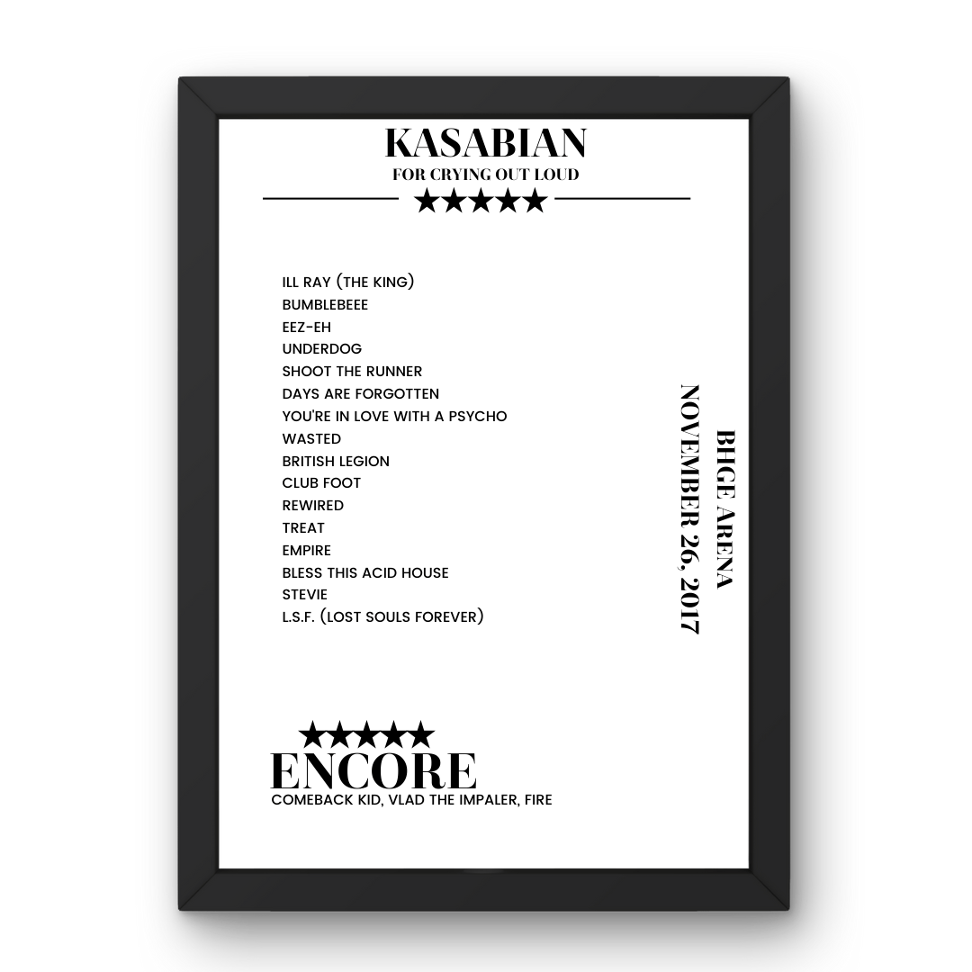 Kasabian BHGE Arena Aberdeen 26 November 2017 Setlist Poster - Setlist