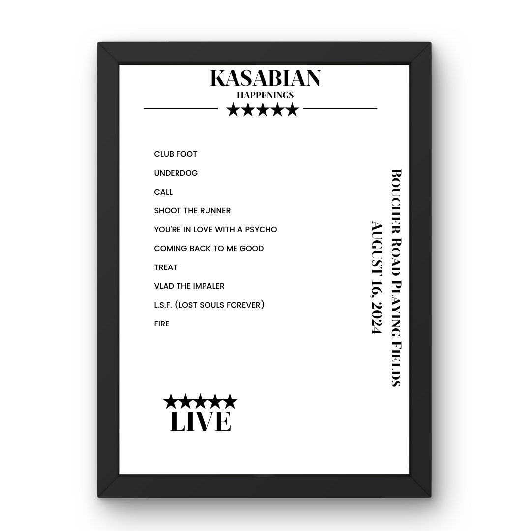 Kasabian Boucher Road Playing Fields Belfast 16 August 2024 Setlist Poster - Setlist