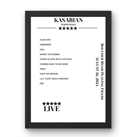 Kasabian Boucher Road Playing Fields Belfast 16 August 2024 Setlist Poster - Setlist