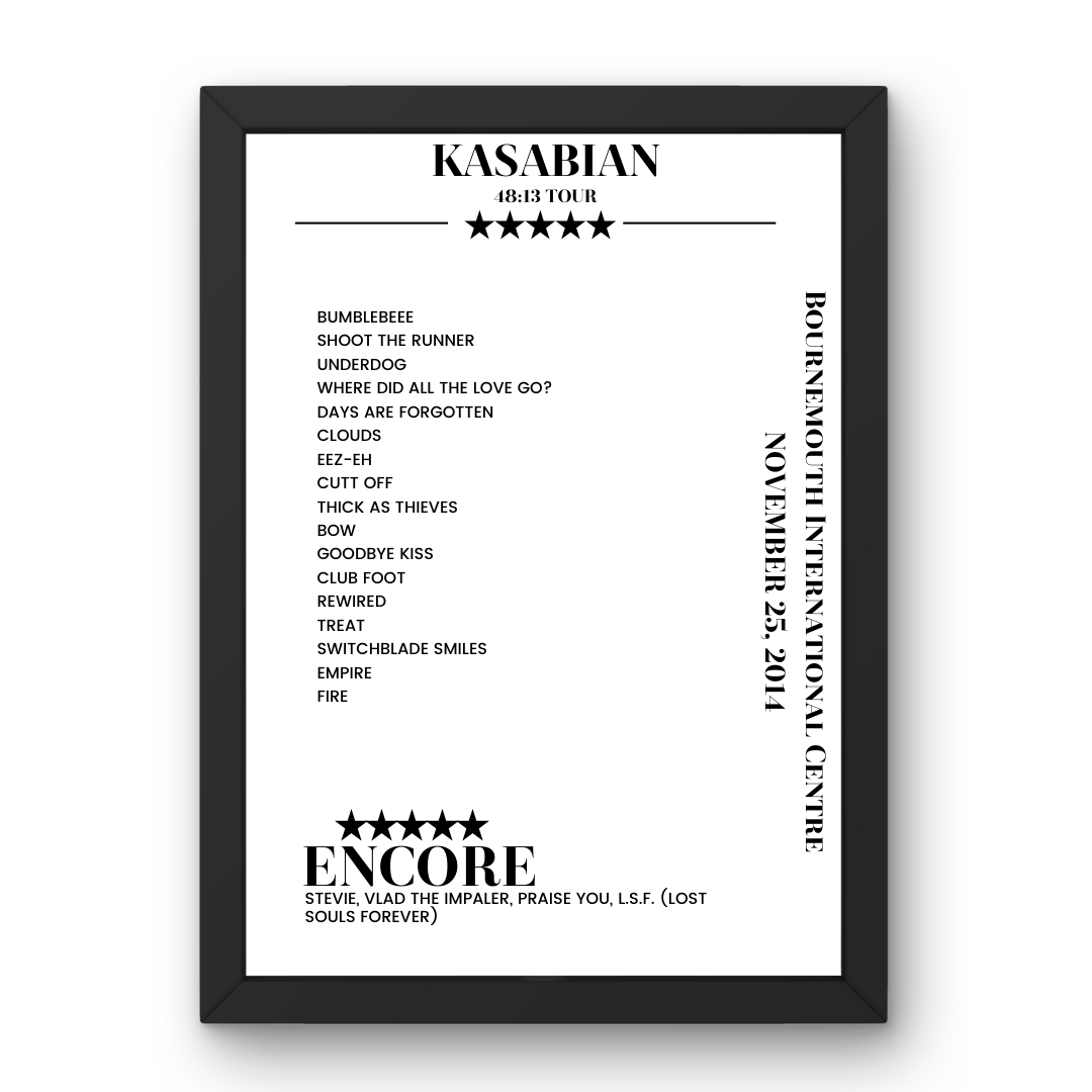 Kasabian Bournemouth International Centre Bournemouth 25 November 2014 Setlist Poster - Setlist