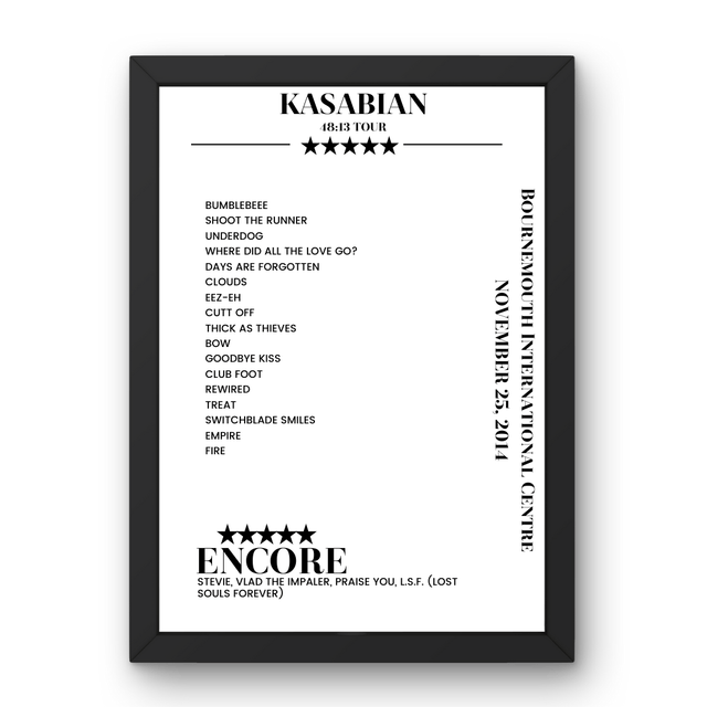 Kasabian Bournemouth International Centre Bournemouth 25 November 2014 Setlist Poster - Setlist