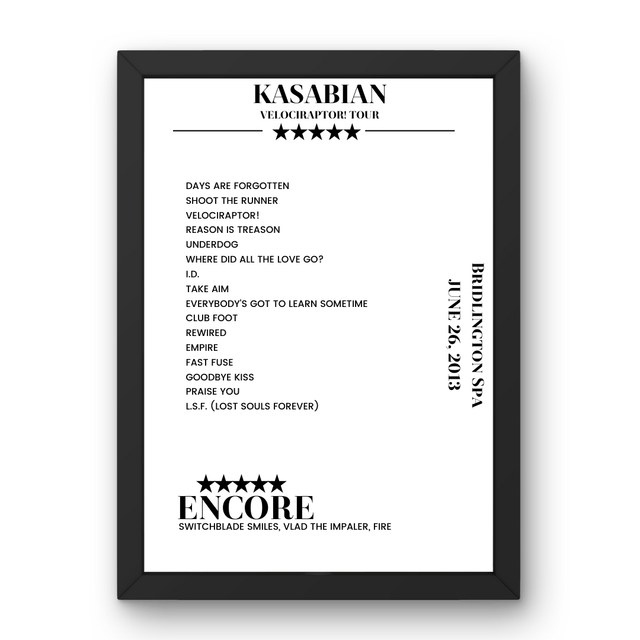 Kasabian Bridlington Spa Bridlington 26 June 2013 Setlist Poster - Setlist