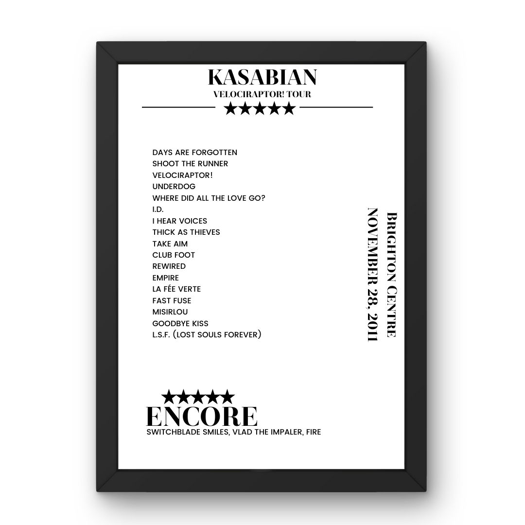 Kasabian Brighton Centre Brighton 28 November 2011 Setlist Poster - Setlist