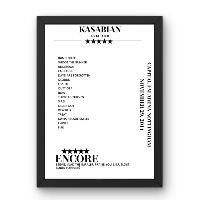 Kasabian Capital FM Arena Nottingham Nottingham 29 November 2014 Setlist Poster - Setlist