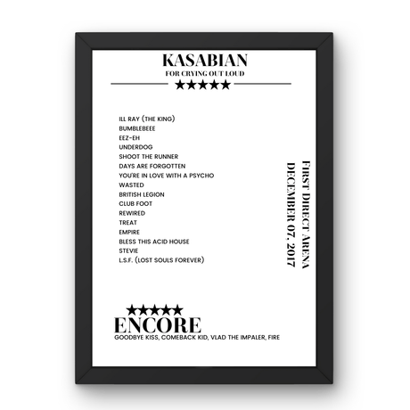 Kasabian First Direct Arena Leeds 07 December 2017 Setlist Poster - Setlist