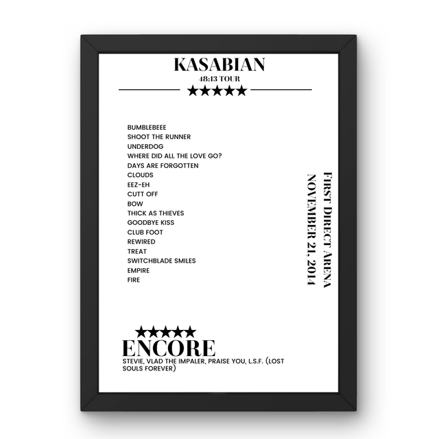 Kasabian First Direct Arena Leeds 21 November 2014 Setlist Poster - Setlist