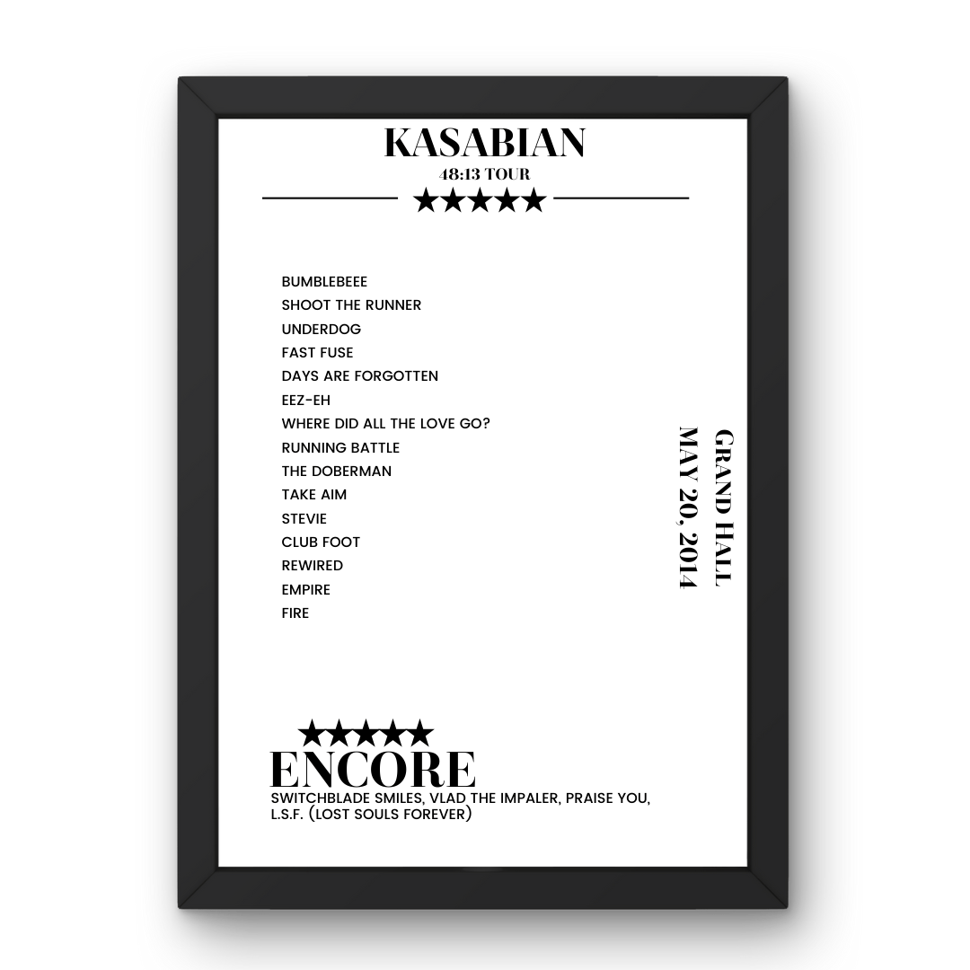 Kasabian Grand Hall Kilmarnock 20 May 2014 Setlist Poster - Setlist