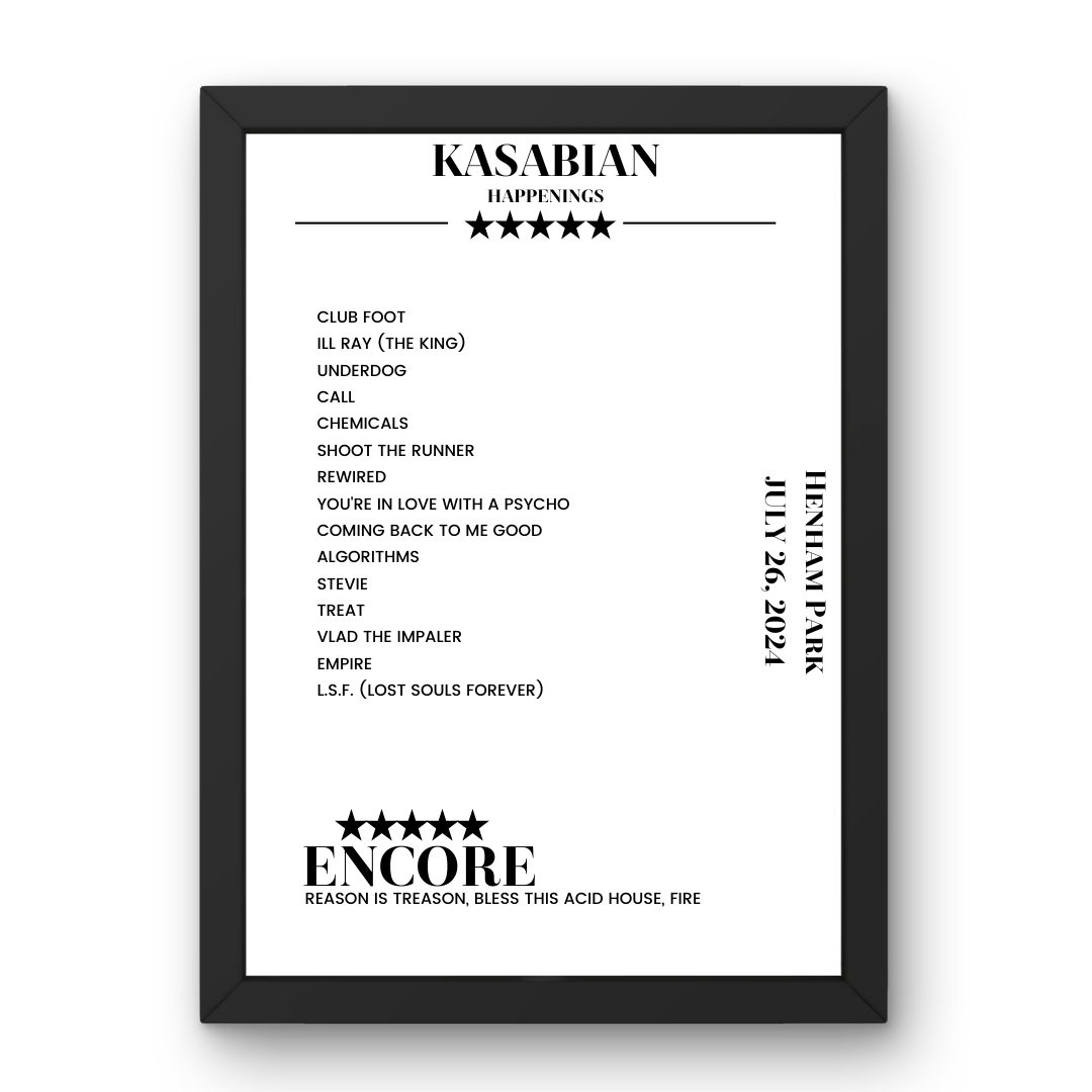 Kasabian Henham Park Southwold 26 July 2024 Setlist Poster - Setlist